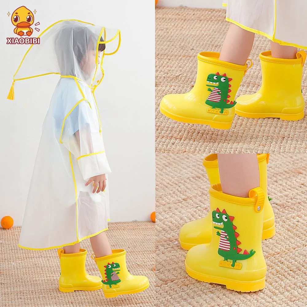 Children's non-slip low-top PVC rain boots with dinosaur print in blue, pink, and yellow colours
