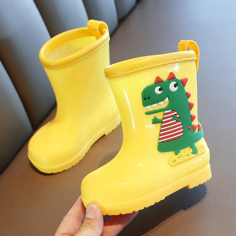 Children's non-slip low-top PVC rain boots with dinosaur print in blue, pink, and yellow colours