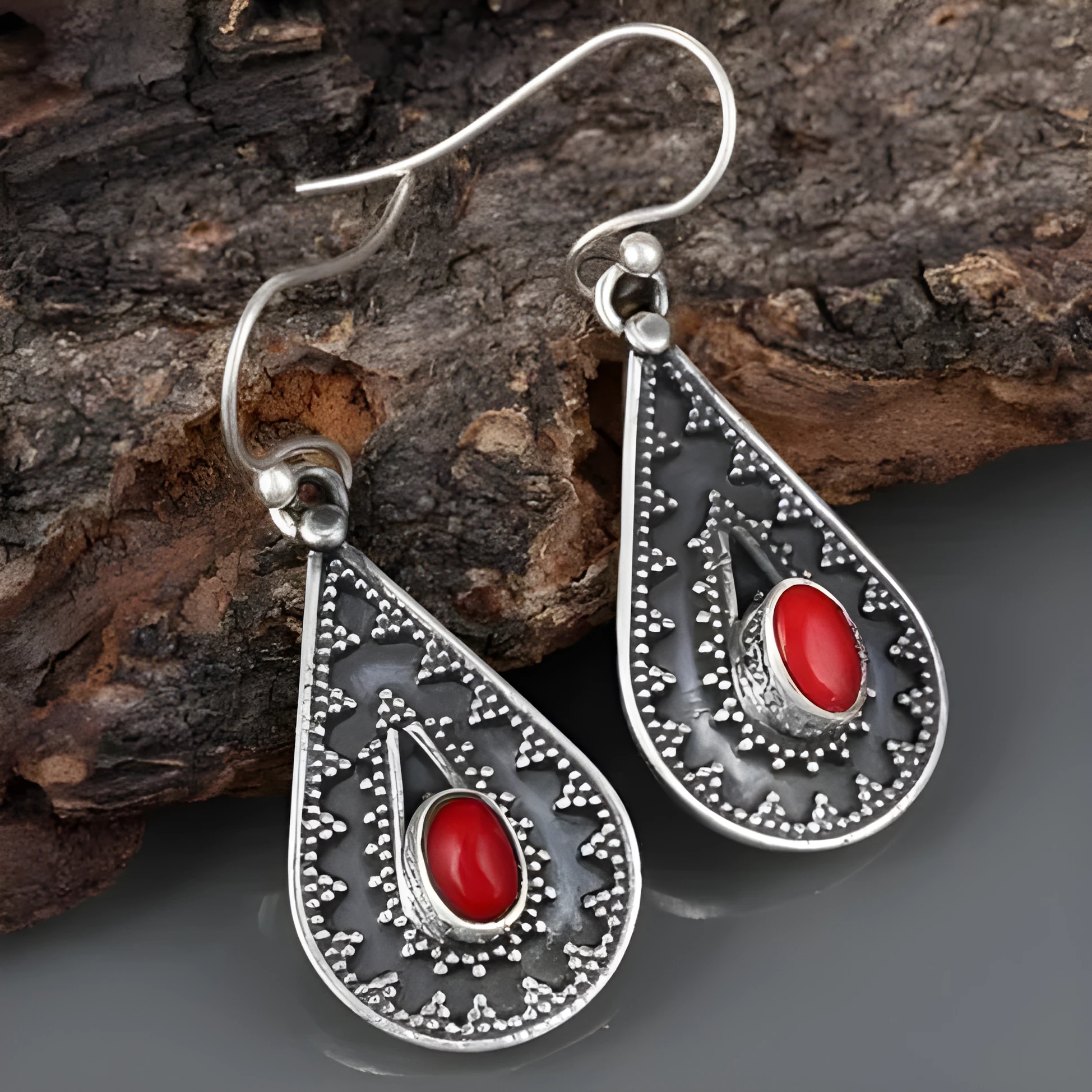 Silver-coloured drop earrings with red pine gemstones in a retro style.