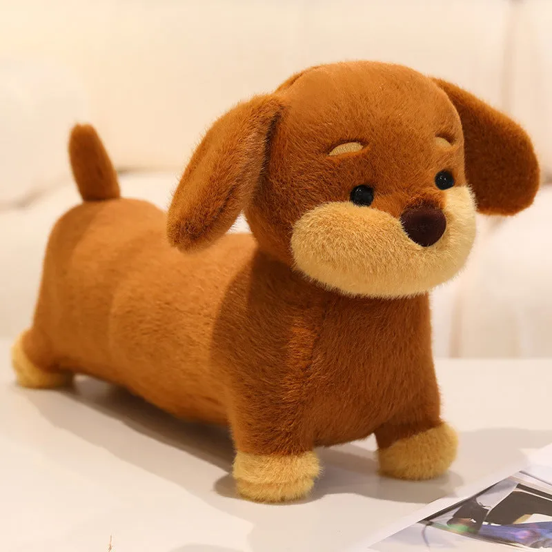 Cute plush sausage dog toy in brown European mink velvet on a light background