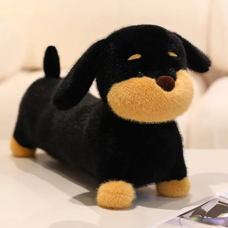 Cute plush sausage dog toy in brown European mink velvet on a light background