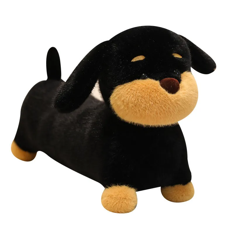 Cute plush sausage dog toy in brown European mink velvet on a light background