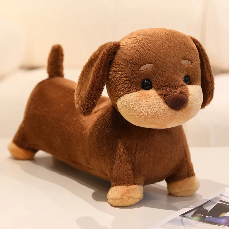 Cute plush sausage dog toy in brown European mink velvet on a light background