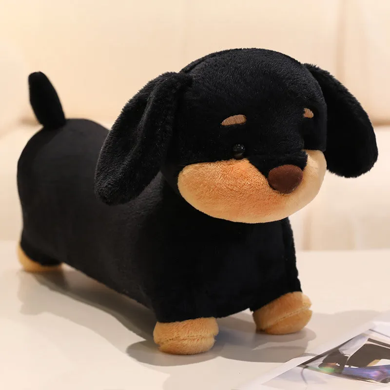Cute plush sausage dog toy in brown European mink velvet on a light background