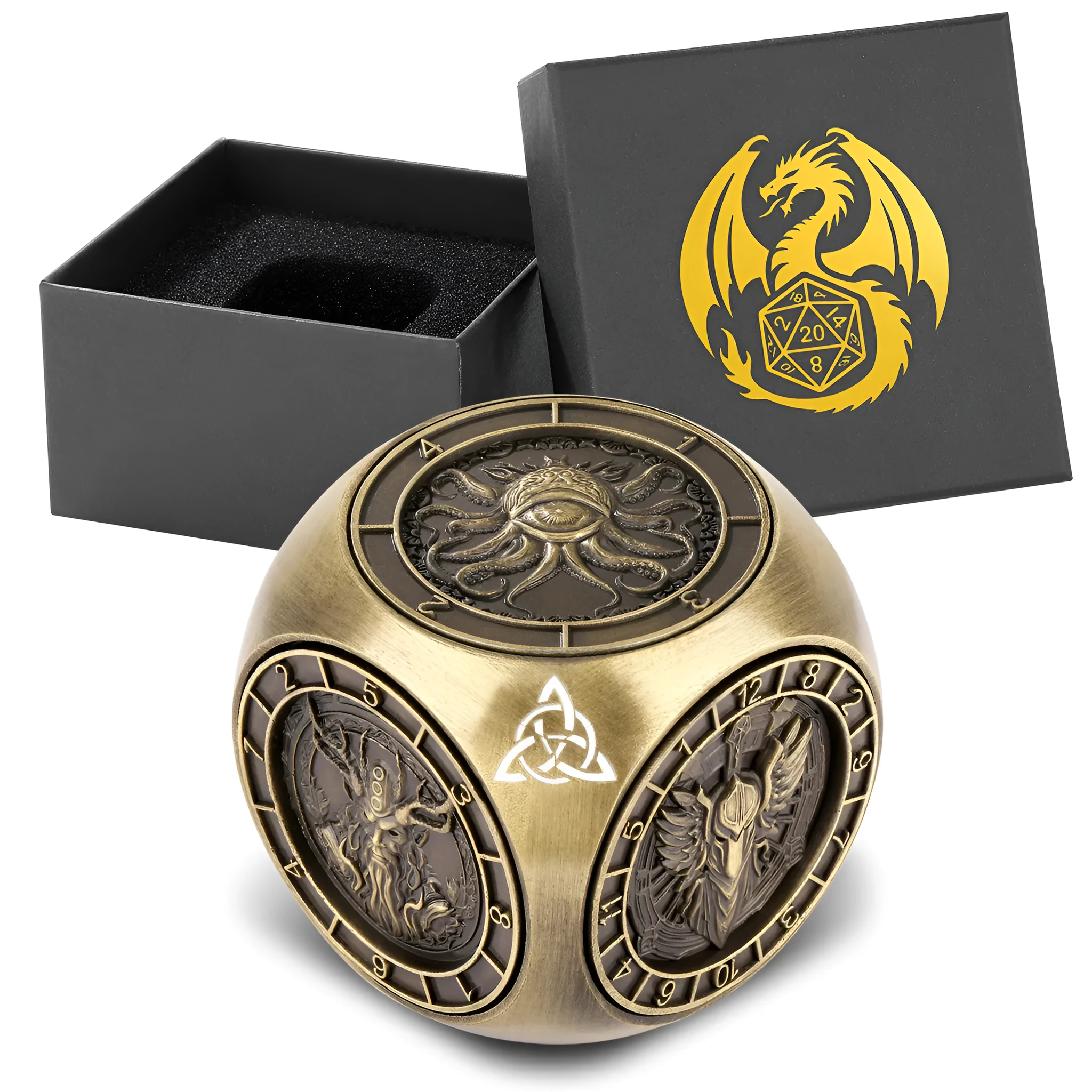 6-pack retro metal dice wheel gift box set with bronze, dark silver, and black finishes on a tabletop