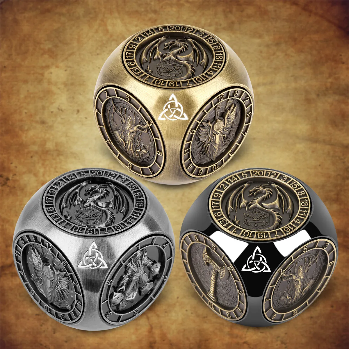 6-pack retro metal dice wheel gift box set with bronze, dark silver, and black finishes on a tabletop
