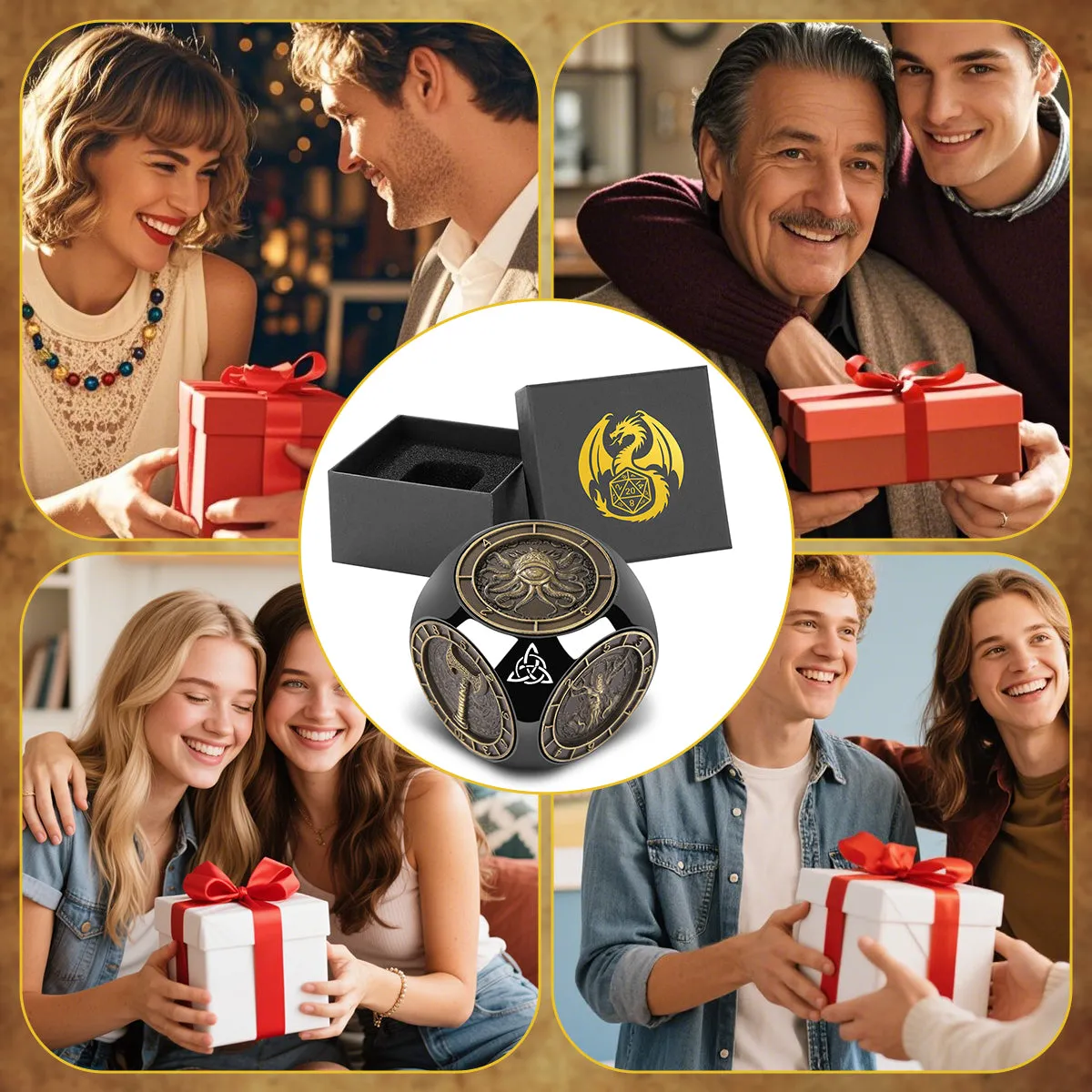 6-pack retro metal dice wheel gift box set with bronze, dark silver, and black finishes on a tabletop