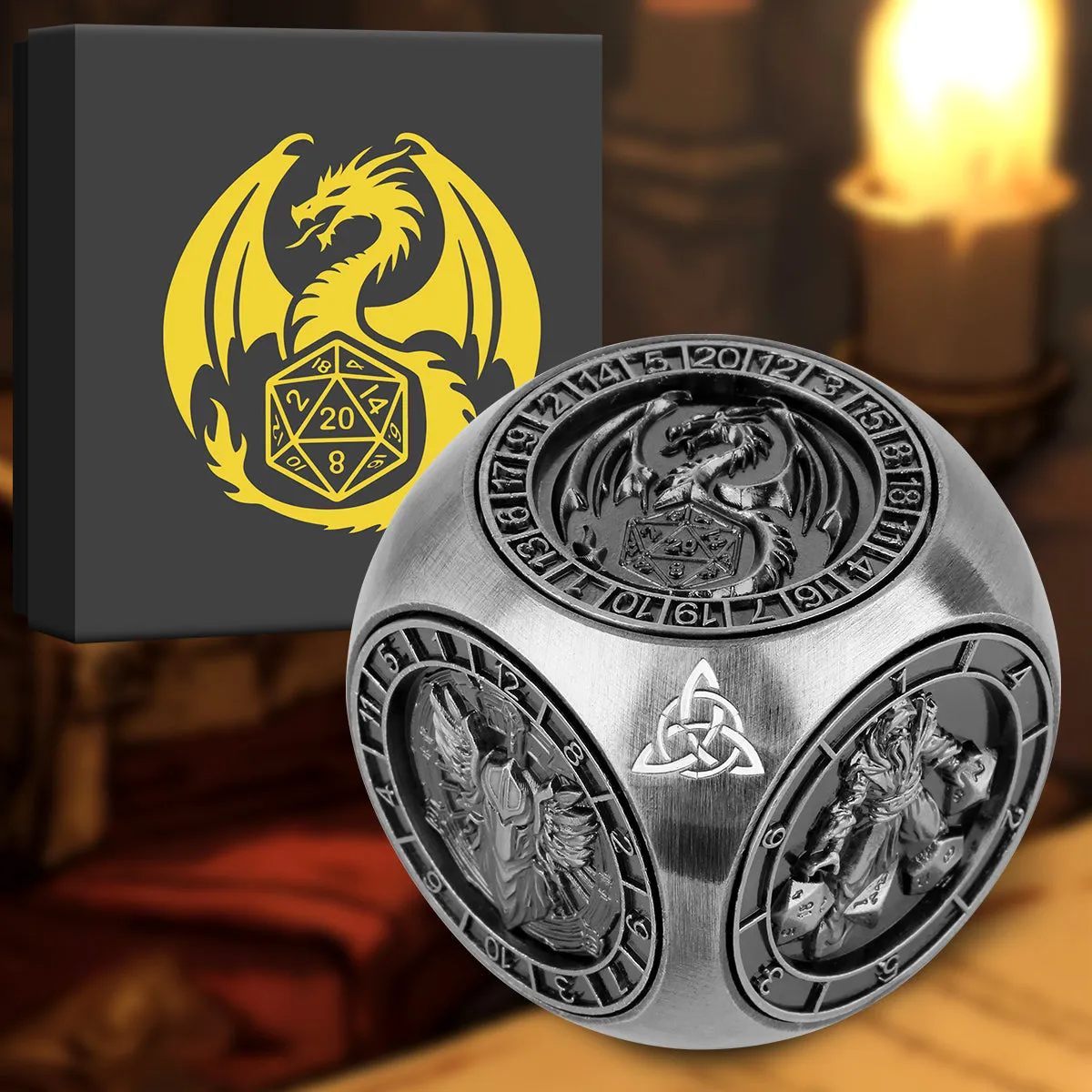 6-pack retro metal dice wheel gift box set with bronze, dark silver, and black finishes on a tabletop