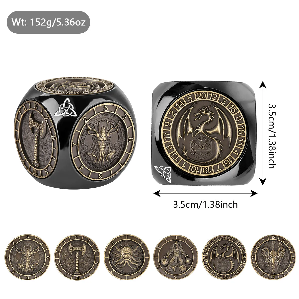 6-pack retro metal dice wheel gift box set with bronze, dark silver, and black finishes on a tabletop