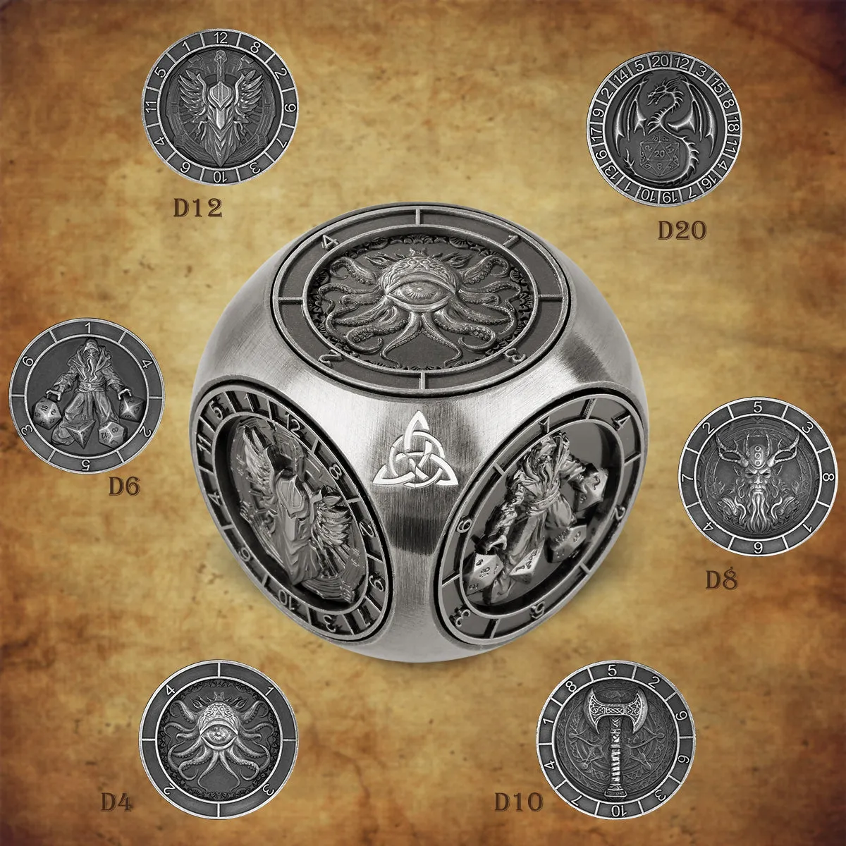 6-pack retro metal dice wheel gift box set with bronze, dark silver, and black finishes on a tabletop