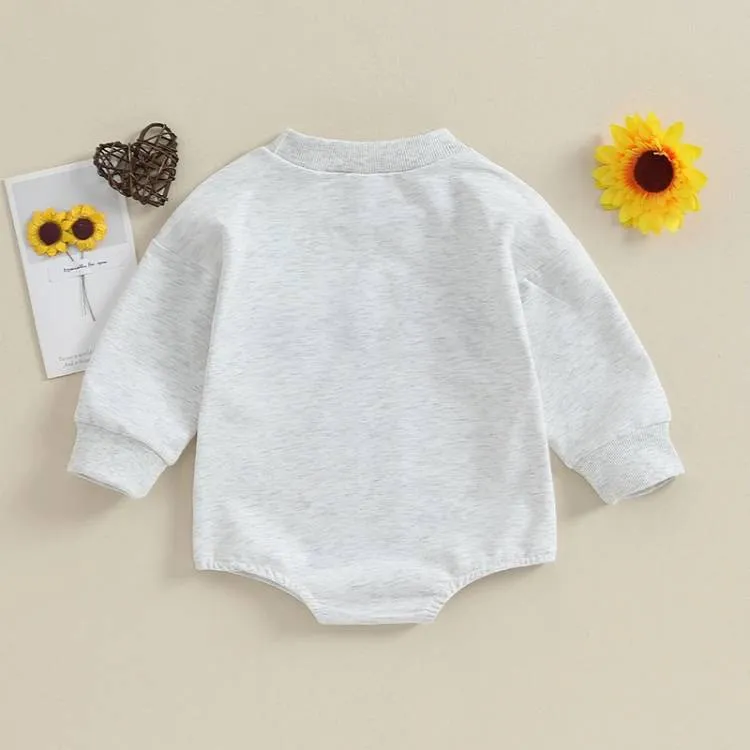 Grey cotton infant toddler long sleeve one-piece sweater jumpsuit with alphabet embroidery for 60-120cm