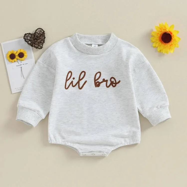 Grey cotton infant toddler long sleeve one-piece sweater jumpsuit with alphabet embroidery for 60-120cm