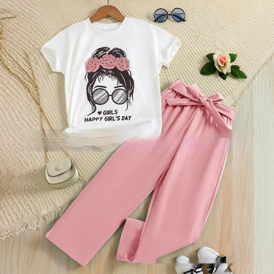 Girls' summer breathable cartoon suit two-piece set in polyester with Avatar print, solid colour, sizes 7Y to 11-12Y