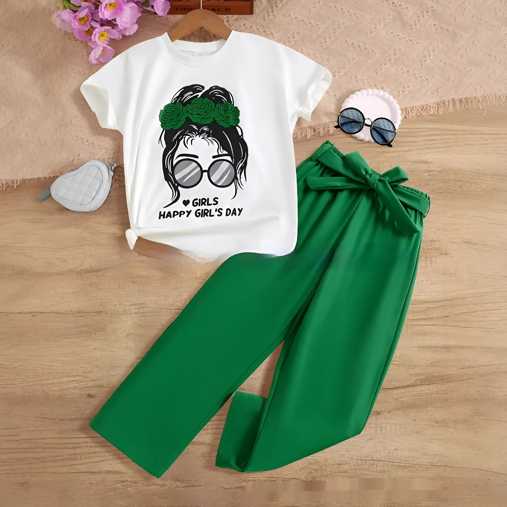 Girls' summer breathable cartoon suit two-piece set in polyester with Avatar print, solid colour, sizes 7Y to 11-12Y
