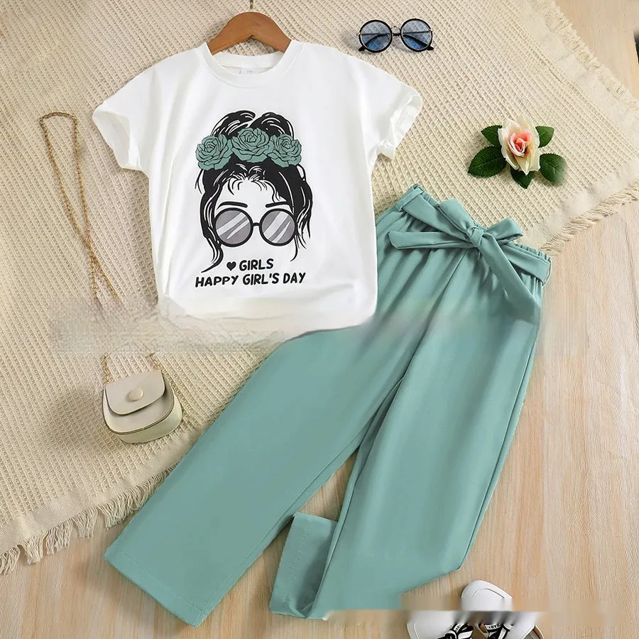 Girls' summer breathable cartoon suit two-piece set in polyester with Avatar print, solid colour, sizes 7Y to 11-12Y