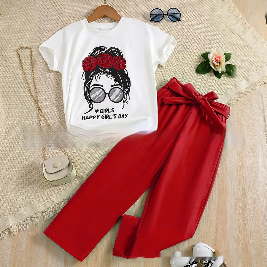Girls' summer breathable cartoon suit two-piece set in polyester with Avatar print, solid colour, sizes 7Y to 11-12Y