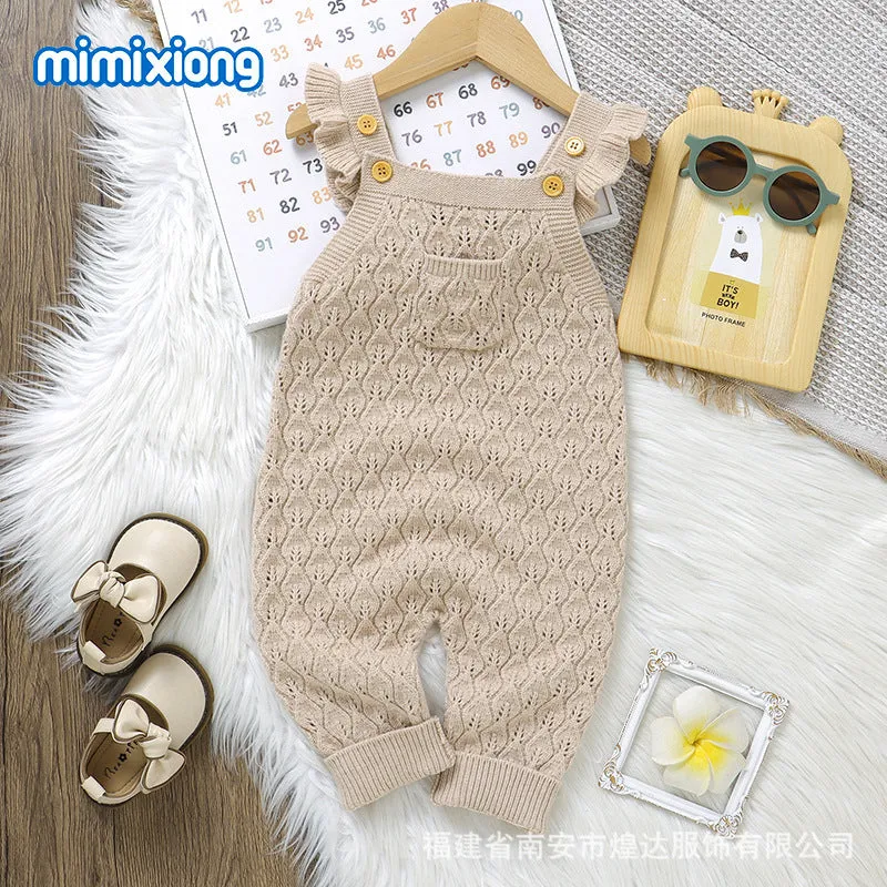 Infant girl solid colour flounced sleeve sling one-piece romper jumpsuit in green knitted polyester fabric