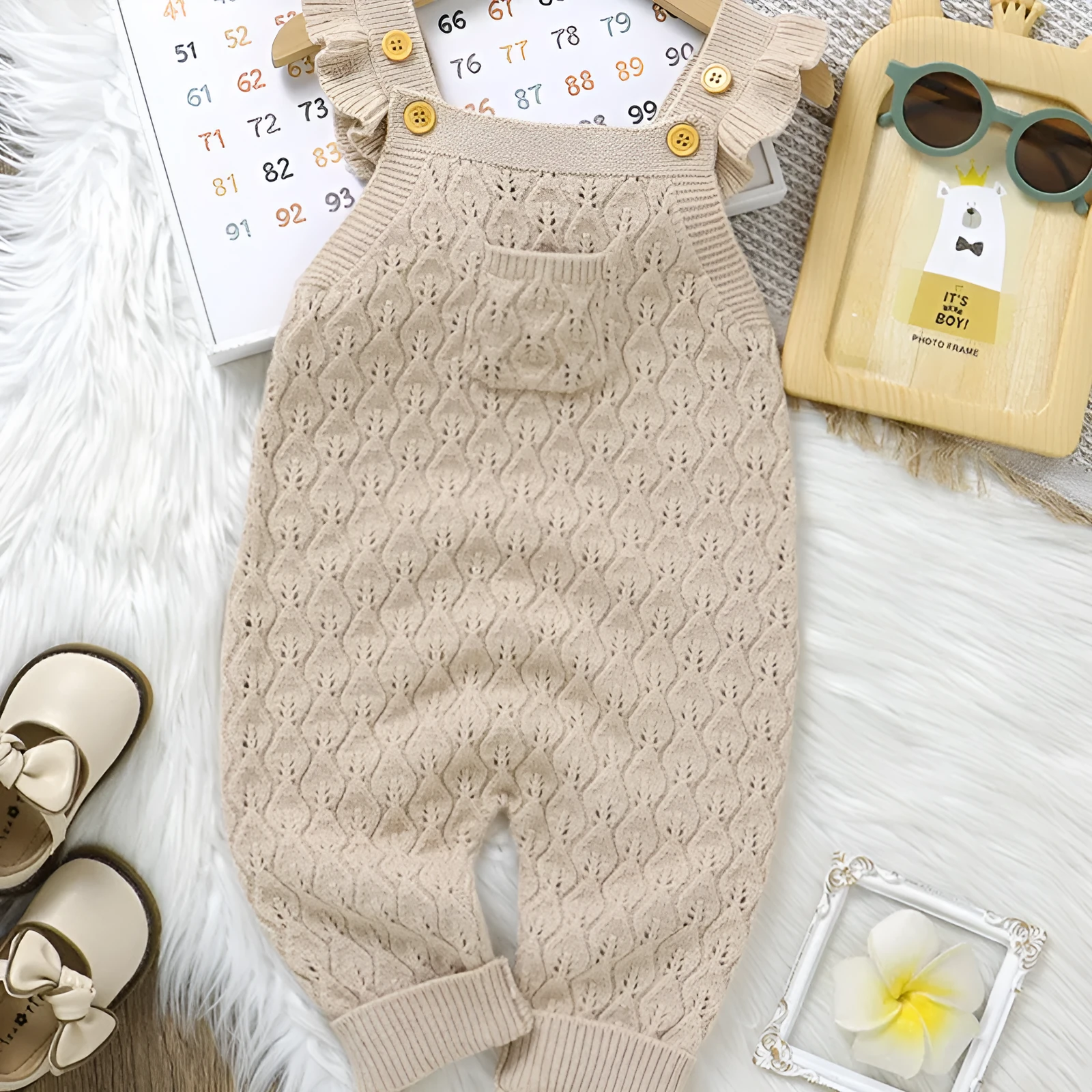 Infant girl solid colour flounced sleeve sling one-piece romper jumpsuit in green knitted polyester fabric