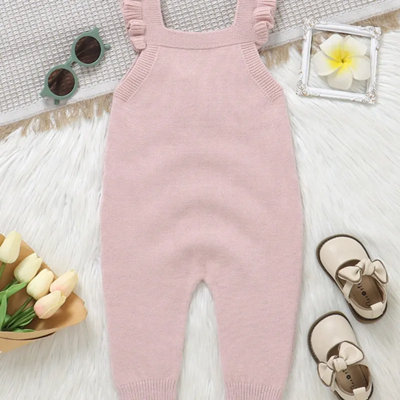 Infant girl solid colour flounced sleeve sling one-piece romper jumpsuit in green knitted polyester fabric