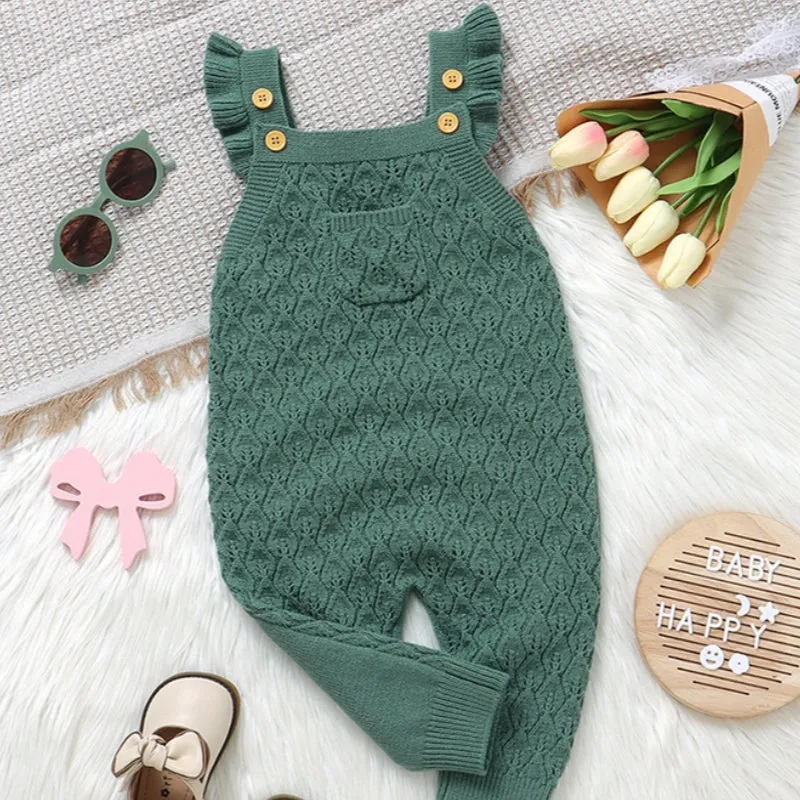 Infant girl solid colour flounced sleeve sling one-piece romper jumpsuit in green knitted polyester fabric