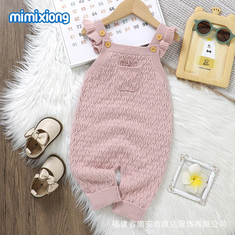 Infant girl solid colour flounced sleeve sling one-piece romper jumpsuit in green knitted polyester fabric
