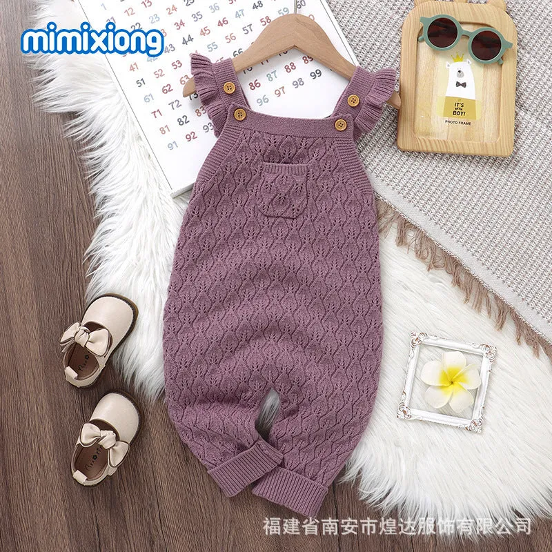 Infant girl solid colour flounced sleeve sling one-piece romper jumpsuit in green knitted polyester fabric