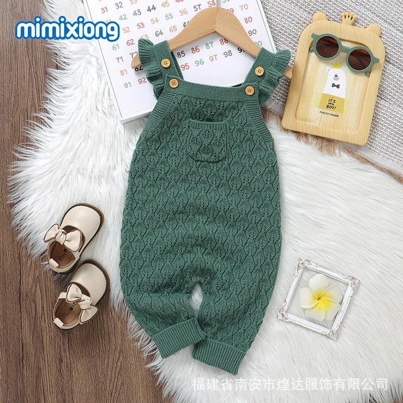 Infant girl solid colour flounced sleeve sling one-piece romper jumpsuit in green knitted polyester fabric