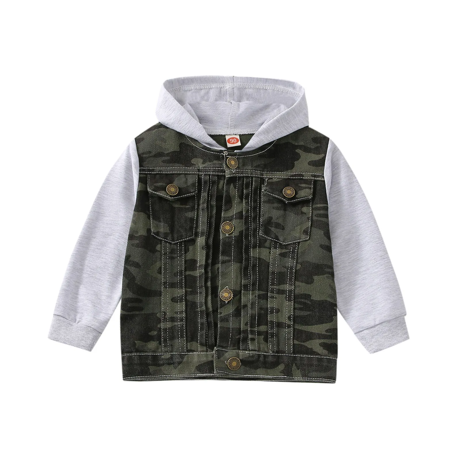 Boys cotton hooded denim coat with cartoon print in blue colour, long sleeves, single-breasted front