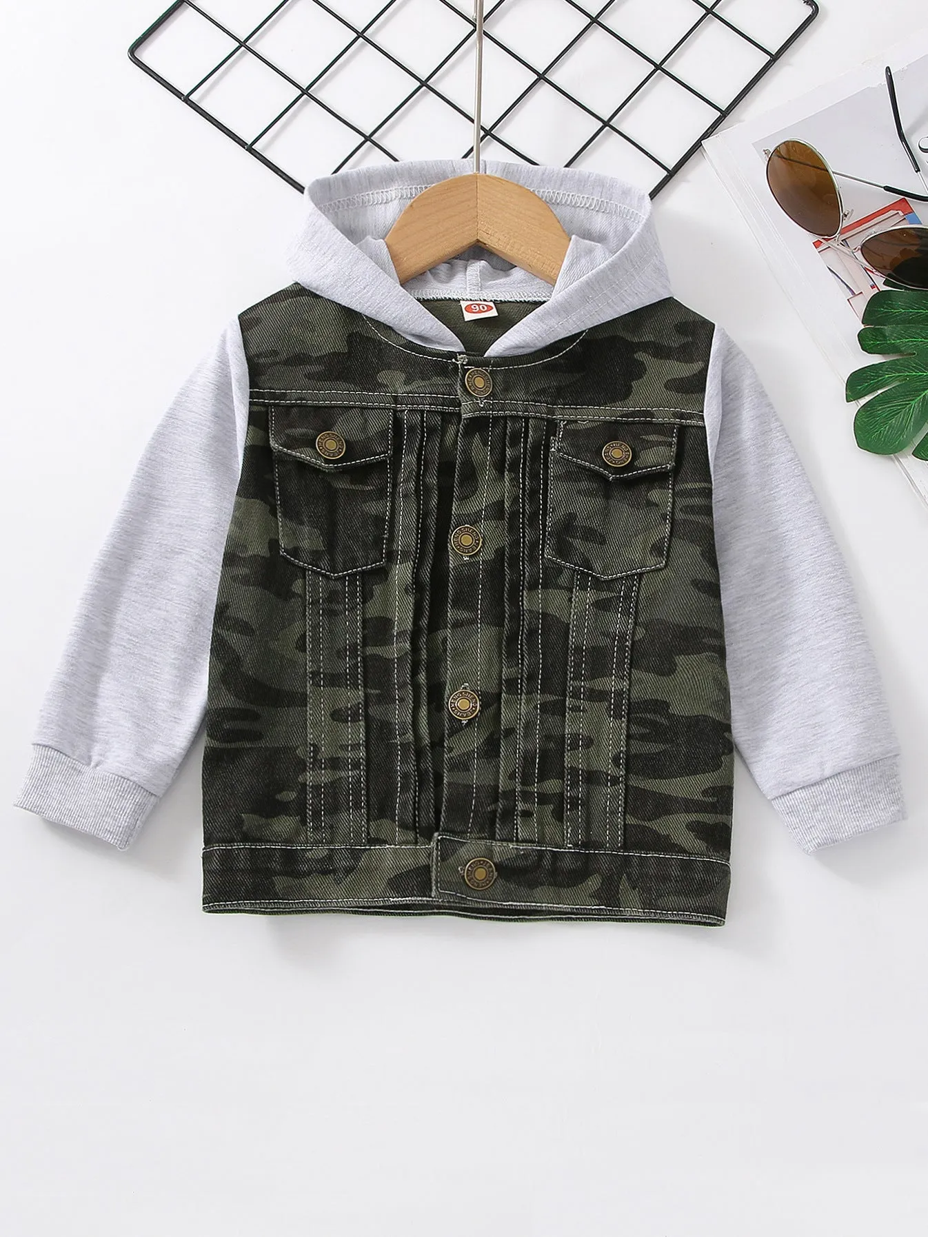 Boys cotton hooded denim coat with cartoon print in blue colour, long sleeves, single-breasted front