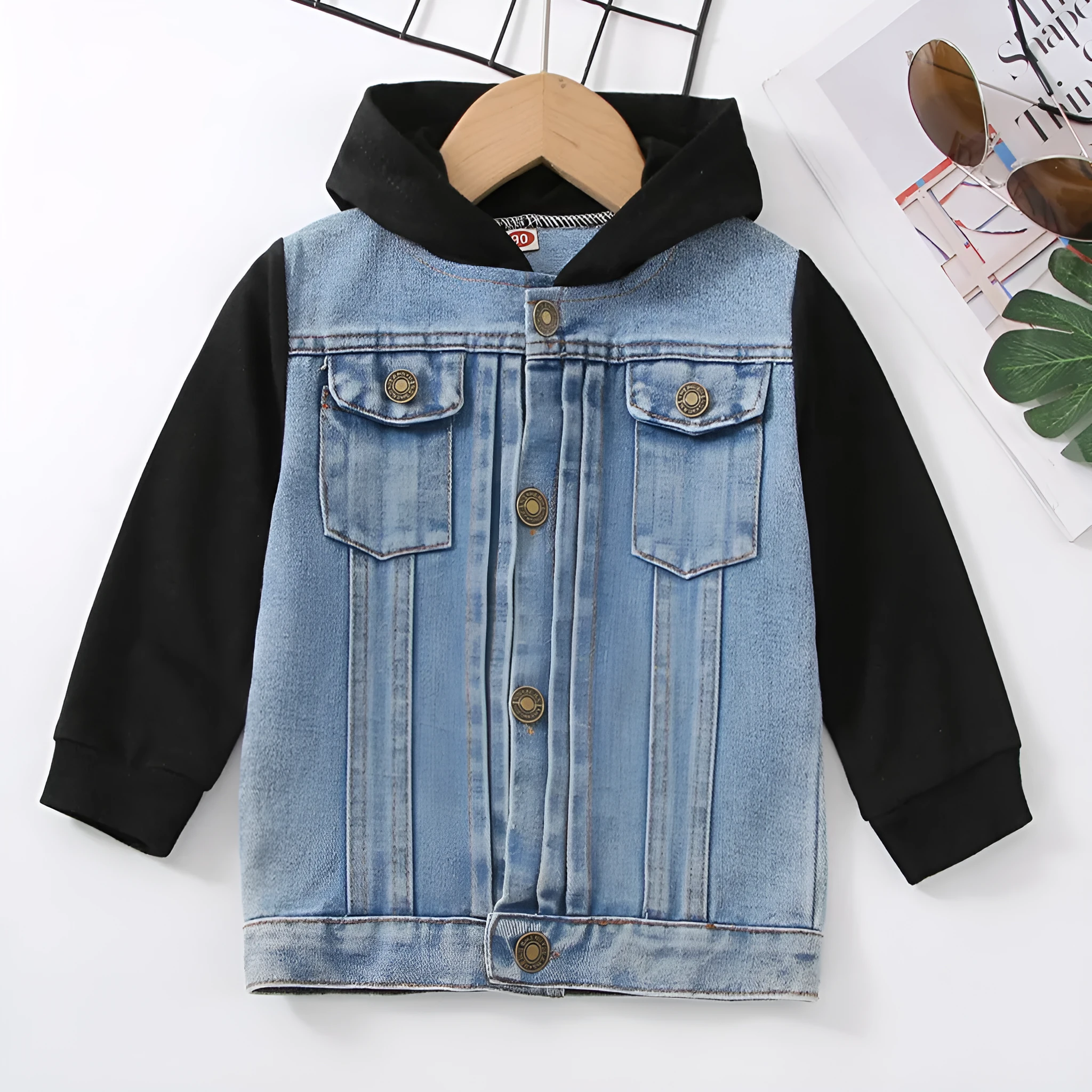 Boys cotton hooded denim coat with cartoon print in blue colour, long sleeves, single-breasted front