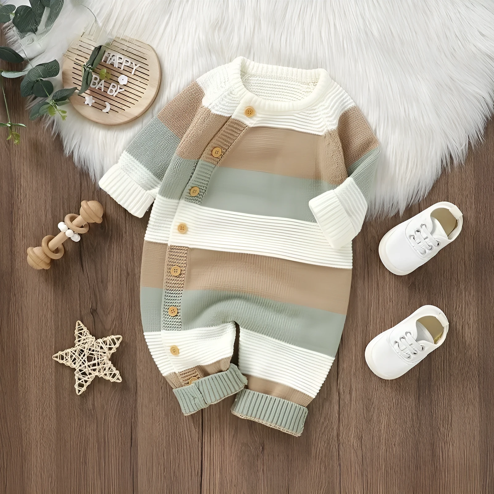 Knitted one-piece baby romper jumpsuit in white with single-breasted front closure and long sleeves