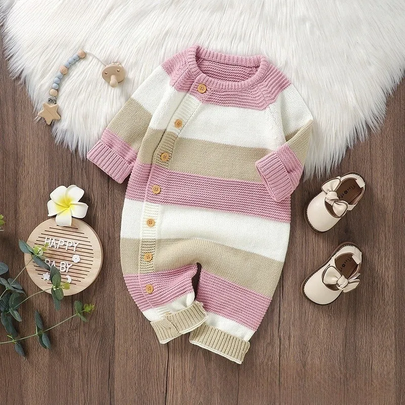 Knitted one-piece baby romper jumpsuit in white with single-breasted front closure and long sleeves