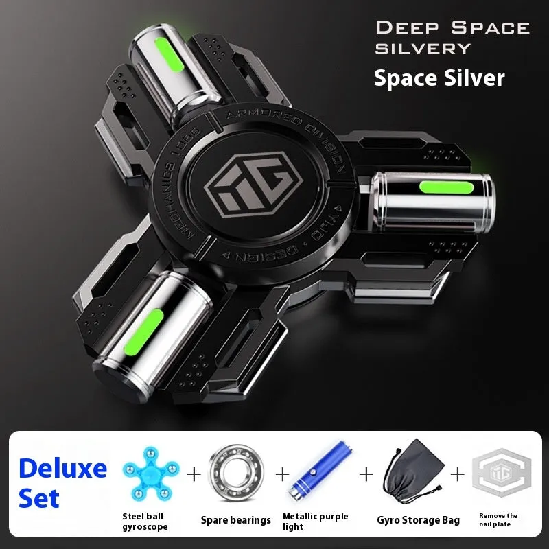 Glowing alloy fingertip spinning top in space silver luminous edition on desk