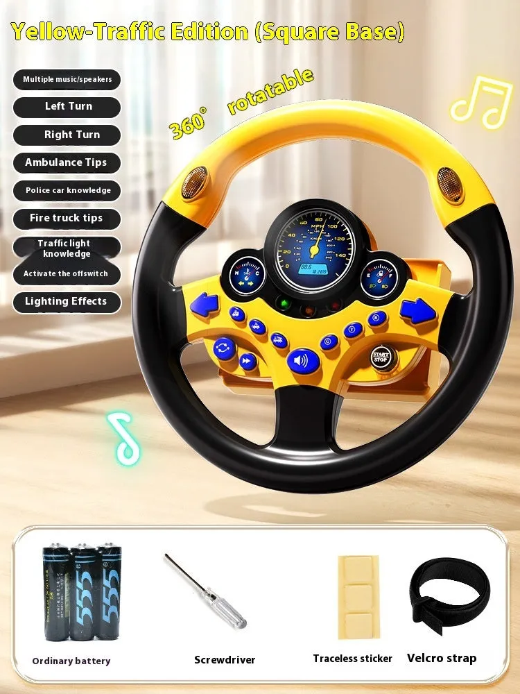 Children's steering wheel early education toy with music and lights, plastic, 25.5x25.5cm, pink traffic version