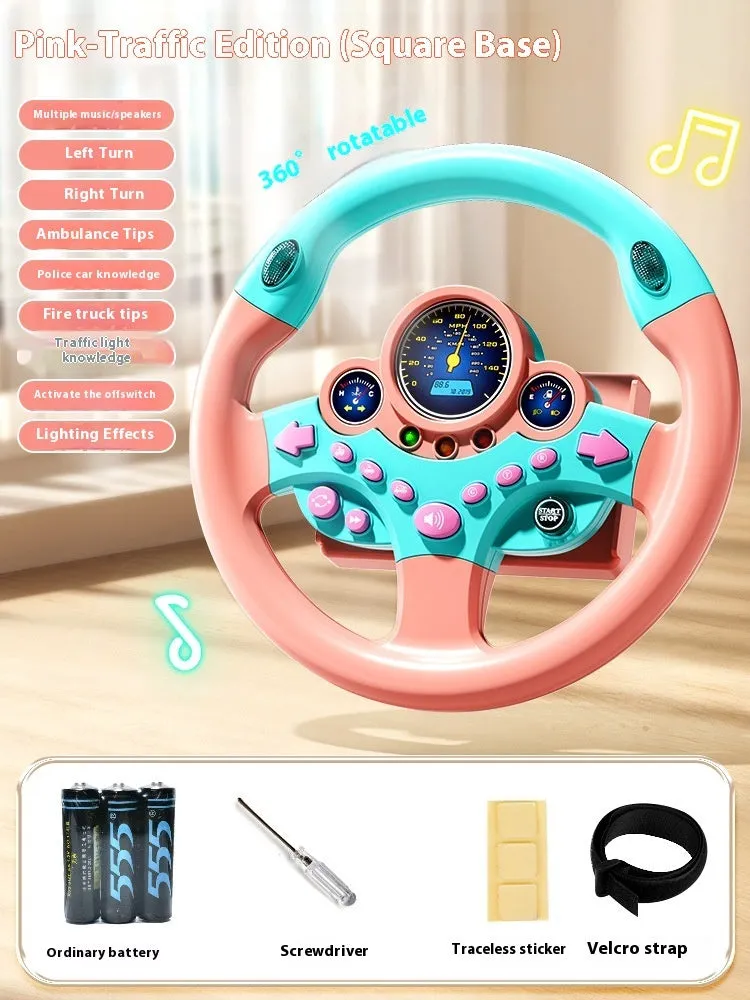 Children's steering wheel early education toy with music and lights, plastic, 25.5x25.5cm, pink traffic version