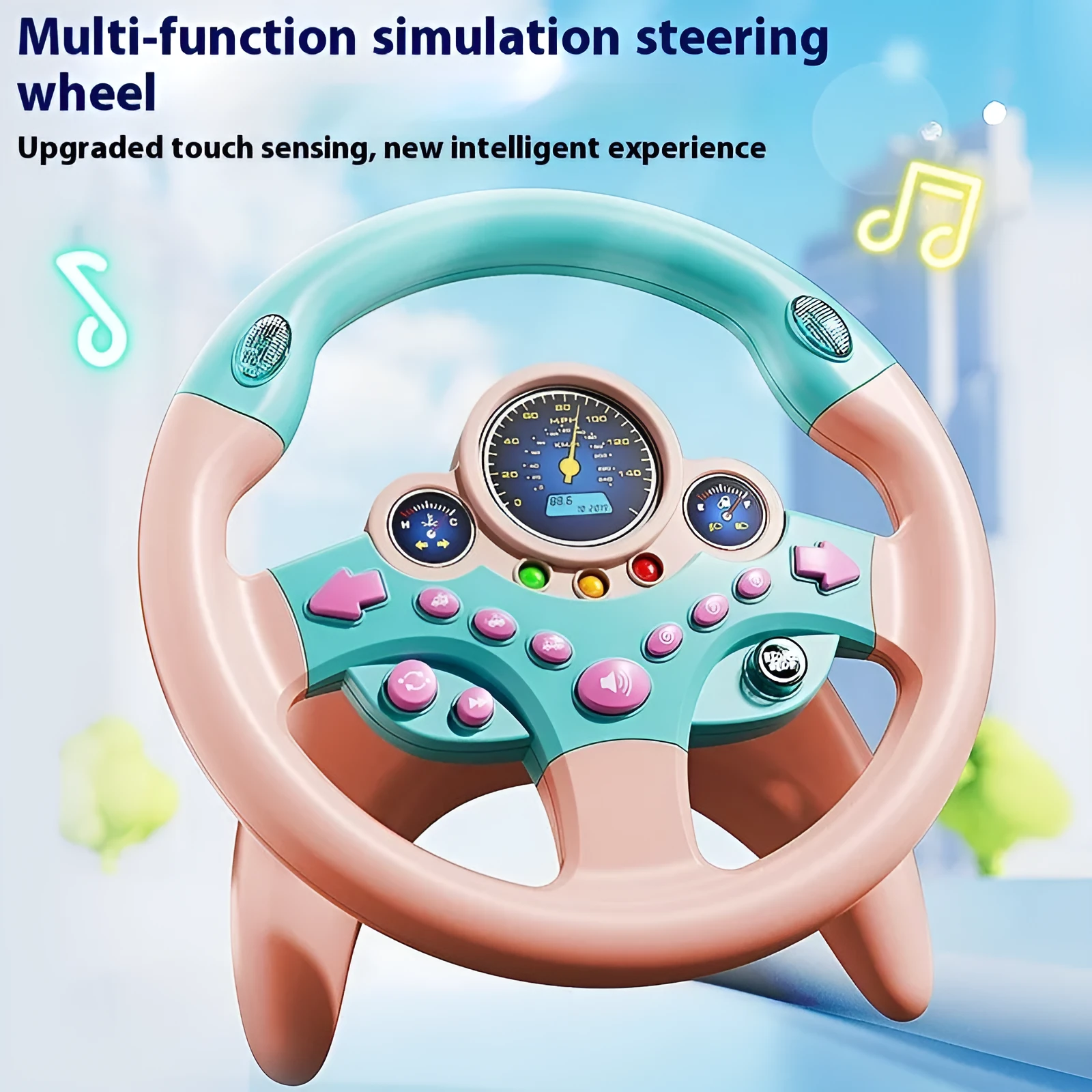 Children's steering wheel early education toy with music and lights, plastic, 25.5x25.5cm, pink traffic version