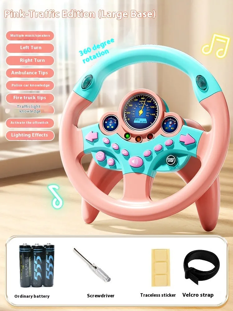 Children's steering wheel early education toy with music and lights, plastic, 25.5x25.5cm, pink traffic version