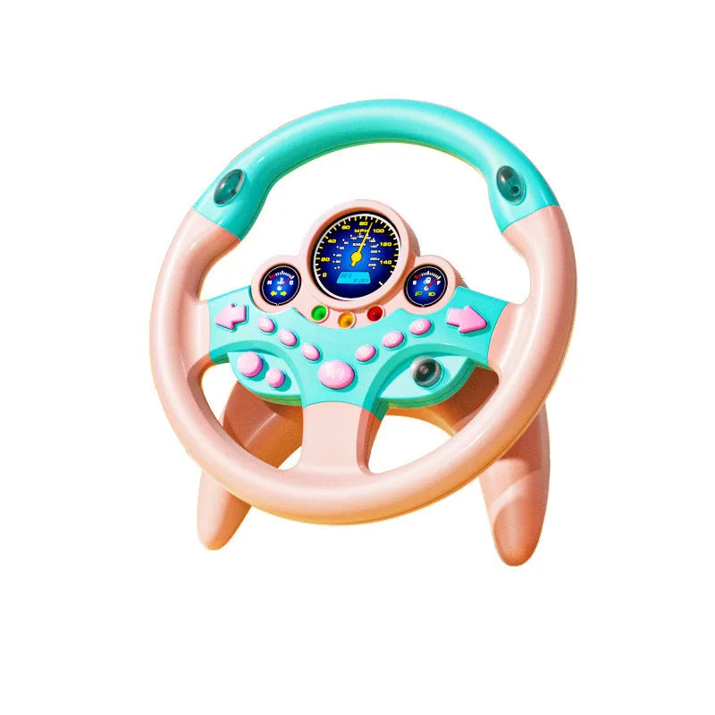 Children's steering wheel early education toy with music and lights, plastic, 25.5x25.5cm, pink traffic version