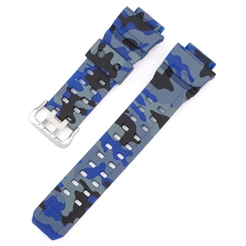 Camouflage patterned TPU resin watch strap with a silver buckle on a grey background.