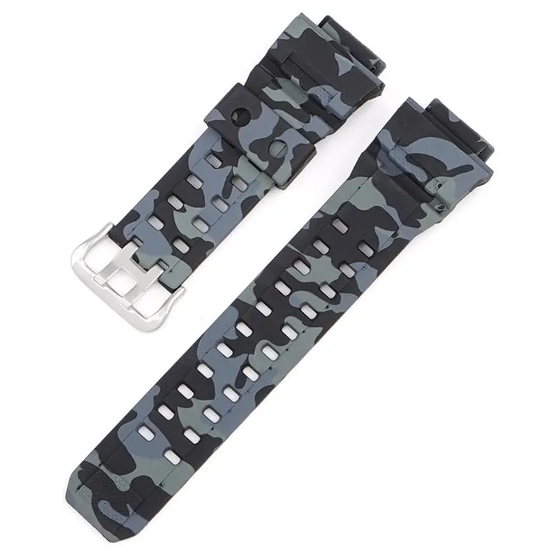 Camouflage patterned TPU resin watch strap with a silver buckle on a grey background.