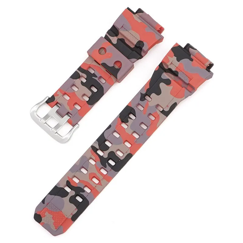 Camouflage patterned TPU resin watch strap with a silver buckle on a grey background.