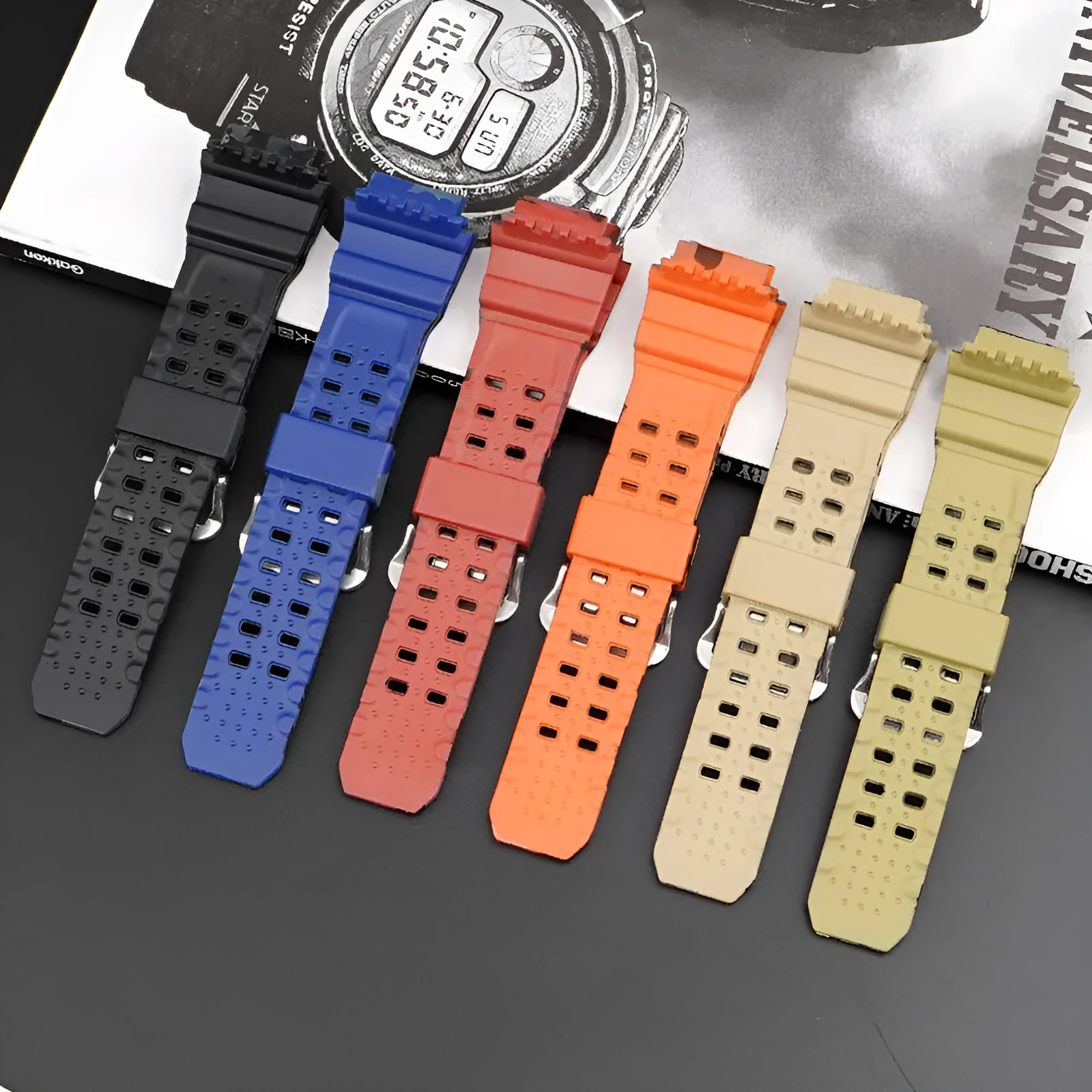 Camouflage patterned TPU resin watch strap with a silver buckle on a grey background.