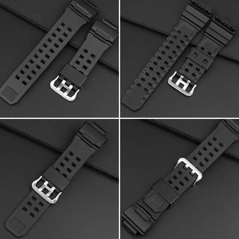 Camouflage patterned TPU resin watch strap with a silver buckle on a grey background.