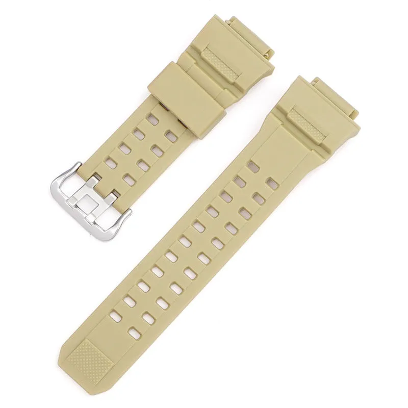 Camouflage patterned TPU resin watch strap with a silver buckle on a grey background.