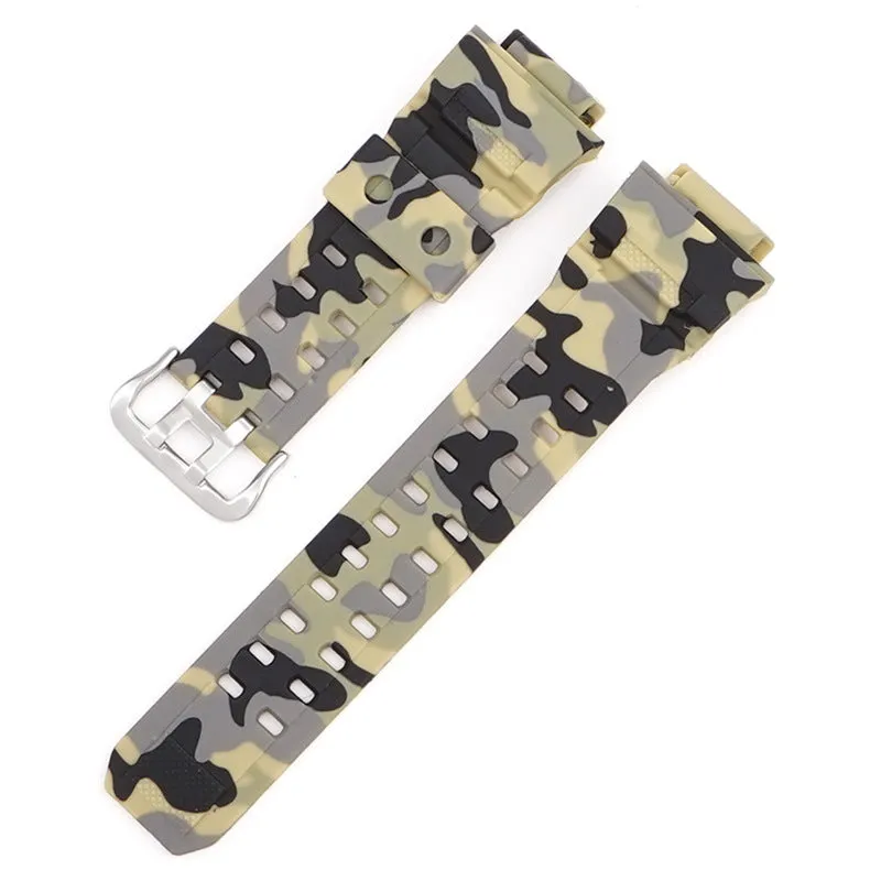 Camouflage patterned TPU resin watch strap with a silver buckle on a grey background.