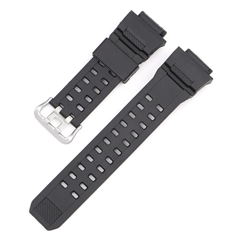 Camouflage patterned TPU resin watch strap with a silver buckle on a grey background.