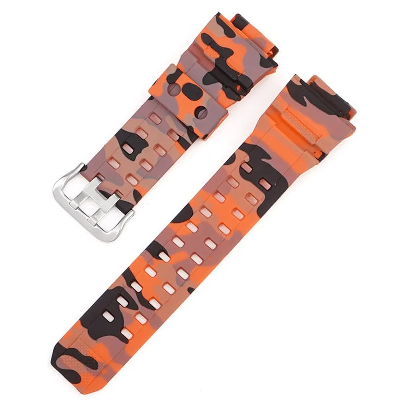 Camouflage patterned TPU resin watch strap with a silver buckle on a grey background.