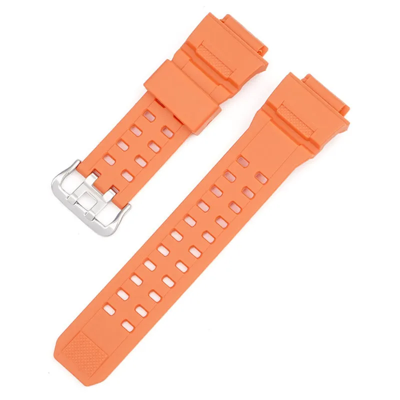 Camouflage patterned TPU resin watch strap with a silver buckle on a grey background.