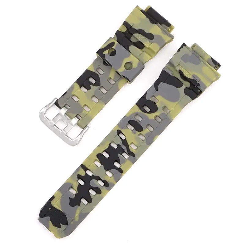 Camouflage patterned TPU resin watch strap with a silver buckle on a grey background.