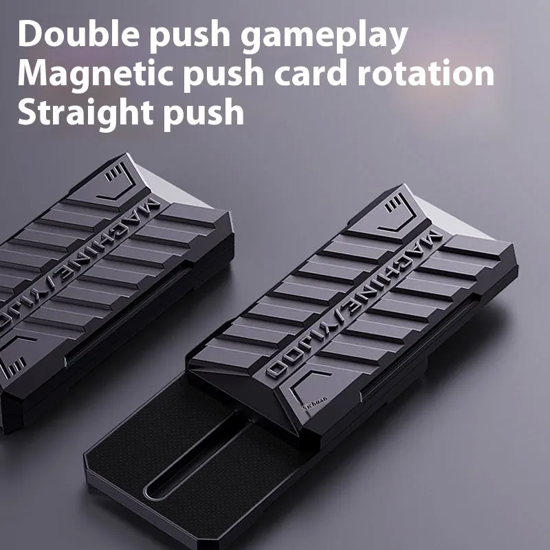 Semi-infinite push card metal decompression toy in Battlefield Gray with fingertip gyro on white background